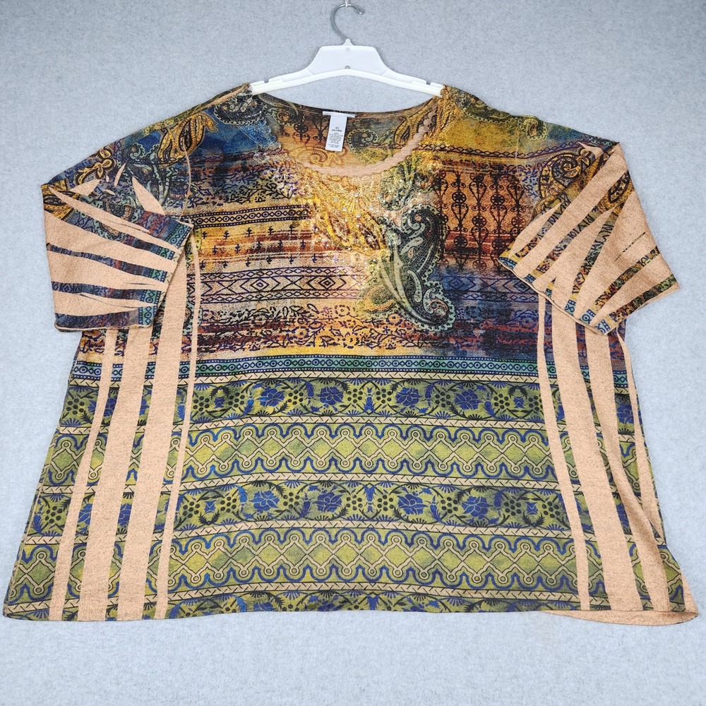 Catherines Tunic Top Womens 3X Multicolor Paisley Studded Stretchy Short Sleeve